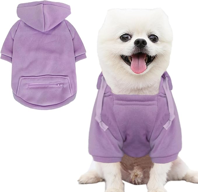 Jecikelon Dog Hoodies for Small Dogs with Zipper Pocket, Soft Fleece Puppy Clothes with Rope Hat, Warm Winter Outfits Cold Weather Coats, Cute Sweatshirt Chihuahua Costume (Purple, X-Small)