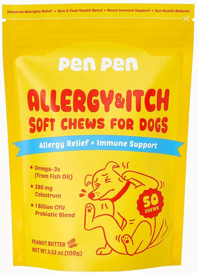 PENPEN Dog Allergy Relief Chews, Dog Itching Skin Relief, Omega 3 for Dogs Itch Supplement, Relieve Seasonal Allergy, Provide Immune Support (Peanut Butter Chews, 50ct)
