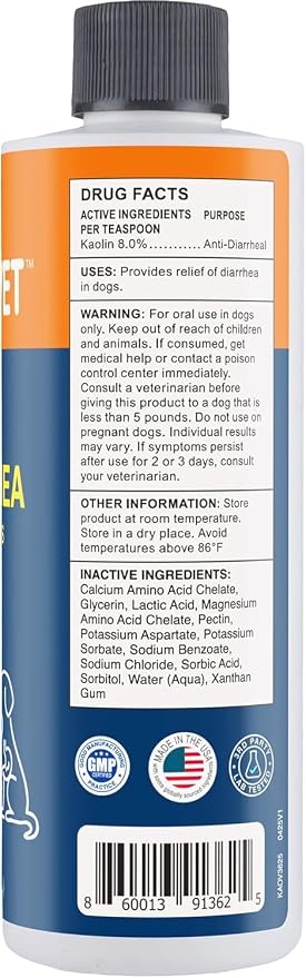Dog Anti Diarrhea Liquid for Dogs & Puppies, 8 fl oz (236 mL) – Fast Acting Diarrhea Relief with 8% Kaolin, Upset Stomach, Firms Stool & Soothes Intestinal Discomfort