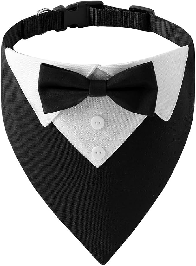 Tuxedo Dog Collar for Wedding Engagement and Birthday, Formal Dog Bandana Collar Costume with Bow Tie and Adjustable Buckle,Suitable for Small Medium Large Dog. (Black, S)