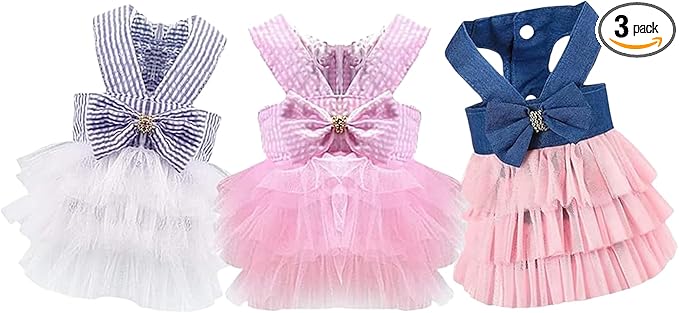 Dog Dresses, Fashion Pet Dog Clothes, Striped Mesh Puppy Dogs Princess Dresses (Pink/Blue/Denim(3pack), Medium)