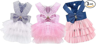 Dog Dresses, Fashion Pet Dog Clothes, Striped Mesh Puppy Dogs Princess Dresses (Pink/Blue/Denim(3pack), Medium)