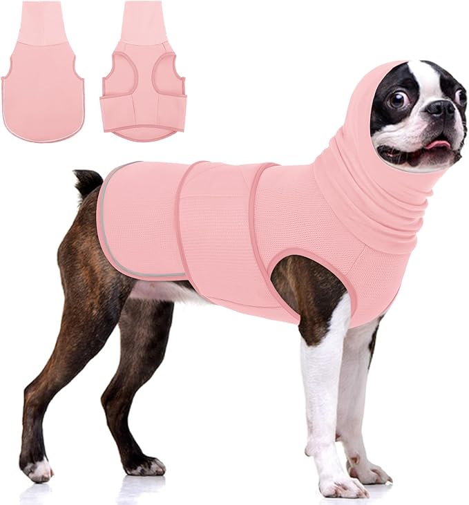 KOESON Dog Anxiety Relief Vest with Ear Cover, Soft & Breathable Dog Thunder Jacket for Thunderstorm, Fireworks, Travel, Separation, Reflective Calming Hoodie for Small Dogs, Pink S