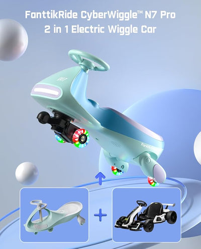 FanttikRide N7 Pro Electric Wiggle Car, Rechargeable Battery, CyberWiggle, 2 in 1 Swing Car, 2 Speeds Max 4 Mph, Anti-Rollover, Flashing Wheels, Bluetooth, Ages 3+, 150 Lbs, Glacier Blue