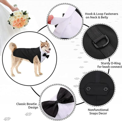 Tuxedo and Bandana Set, 2 Pack Pet Costume Formal Party Suit, Clothes for Small Medium Large Dogs, Prince Bow Tie Shirt Wedding Attire for Golden Retriever Samo Bulldogs (XXL)