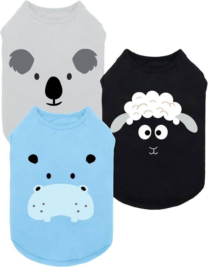 Fitwarm 3 Pack Hippo Sheep Koala Dog Shirt, Summer Clothes for Small Dogs Boy Girls, Funny Pet Outfit, Black, White, Gray, Blue, Medium