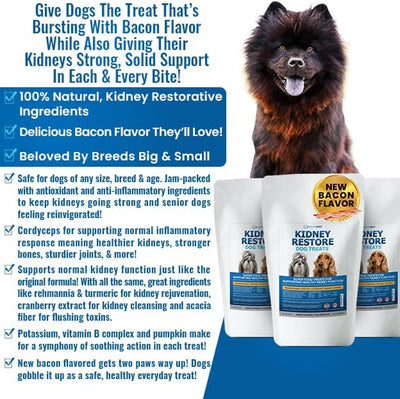 Kidney Restore Bacon Dog Treats 8oz for Canine Kidney Support. Renal Treats for Any Kidney Dog Diet