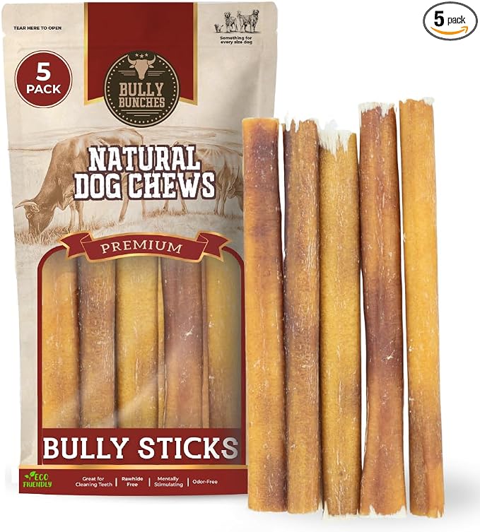 Bully Bunches Premium (6" Standard - 5 Pack) Odor-Free Bully Sticks for Small to Medium Dogs & Puppies - Consistently Sized, Long Lasting Chews for Oral Care - All Natural, 100% Beef Dog Treats