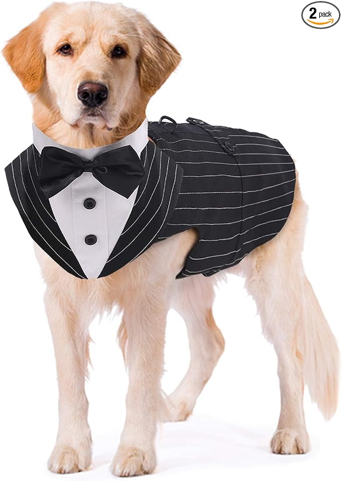 Kuoser Dog Tuxedo Dog Suit and Bandana Set, Dogs Tuxedo Wedding Party Suit, Doggy Prince Bow Tie Shirt Formal Pet Wedding Attire for Large Medium and Small Dogs Golden Retriever Samo Bulldogs