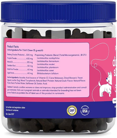 PupGrade Digestive Support for Dogs - Prebiotic + Probiotic Supplement with Enzyme Blend - Gut and Immune Support - Pumpkin, Blueberry, Mineral Oil, Duck Flavor - 360 Soft Chews