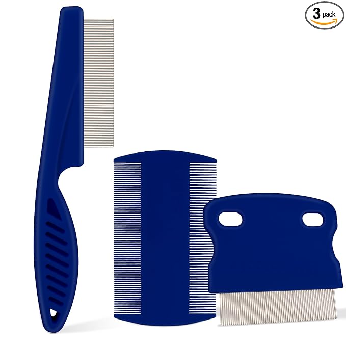 Flea Comb for Dogs and Cats - Lice Comb with Rubber Handle - Promotes Hair Growth and Removes Loose Hair, Knots, and Flakes Flea Brush for Pets(3P,BLUE)