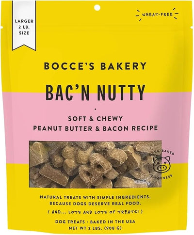 Bocce's Bakery Bac' N Nutty Soft & Chewy Peanut Butter & Bacon Recipe Natural Dog Treats, Wheat-Free, 2 lb (Pack of 1) | All-natural recipe with real ingredients baked in small batches—ideal training rewards or everyday snacks for dogs