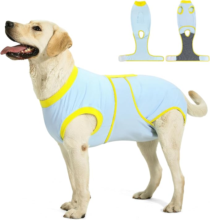 Recovery Suit for Dogs Cats After Surgery, E-Collar & Cone Alternative Surgical Suit, Prevent Licking Dog Onesies Pet Surgery Recovery Suit Soft Dog Bodysuit, Blue Yellow, M
