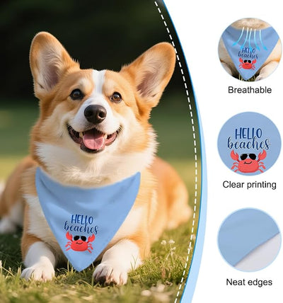 Hello Beaches Funny Dog Bandana, Summer Crab Dogs Costume for Boy Girl, Blue Outdoor Ocean Beach Vacation Pet Scarf Accessories, Nautical New Pet Birthday Gifts for Dogs Lovers Crab Lovers