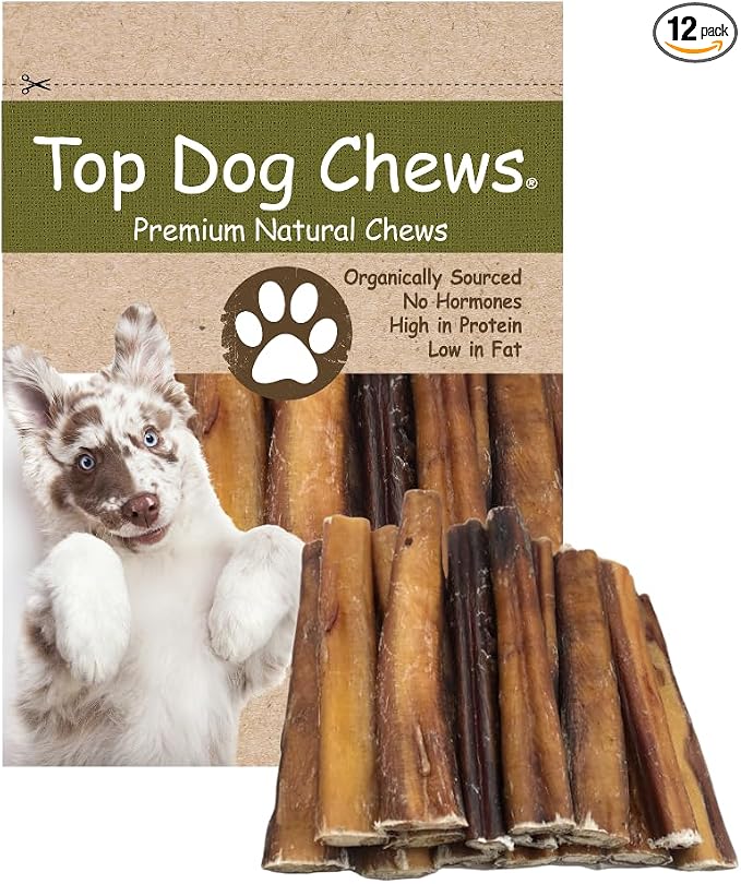 Top Dog Chews - Thick 6 Inch Bully Sticks, 100% Natural Beef, Free Range, Grass Fed, High Protein, Supports Dental Health & Easily Digestible, Dog Treat, (12 Pack)