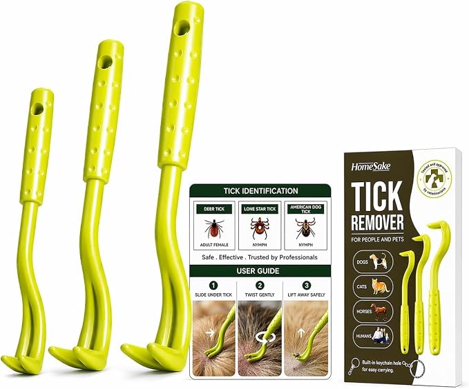 HomeSake Tick Remover Tool for Dogs, Cats & Humans, 3 Packs Tick Removal Kit + Identification Card & Keychain Hole, Safely Removes Entire Tick Head & Body, Easy Portable Tool for Pets & First Aid Kits