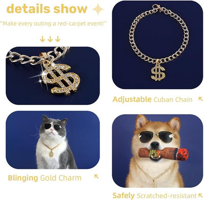 Funny Dog Sunglasses and Gold Chain Toys Set, Cuban Link Necklace with Dollar Sign Charm, Puppy Cat Superstar Costume Outfits Accessories for Boy Small Medium Dogs(Dog)