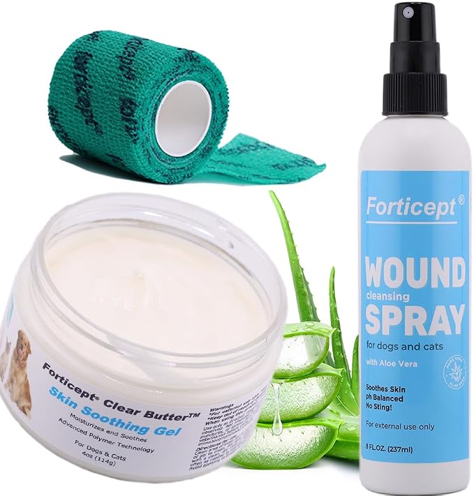 Forticept Hot Spot & Wound Care Kit, Itch Relief Spray for Dogs and Cats 8 oz + Promote Healing Wound Hydrogel 4 oz. + Self-Adhesive Wrap, First Aid for Dogs and Cats