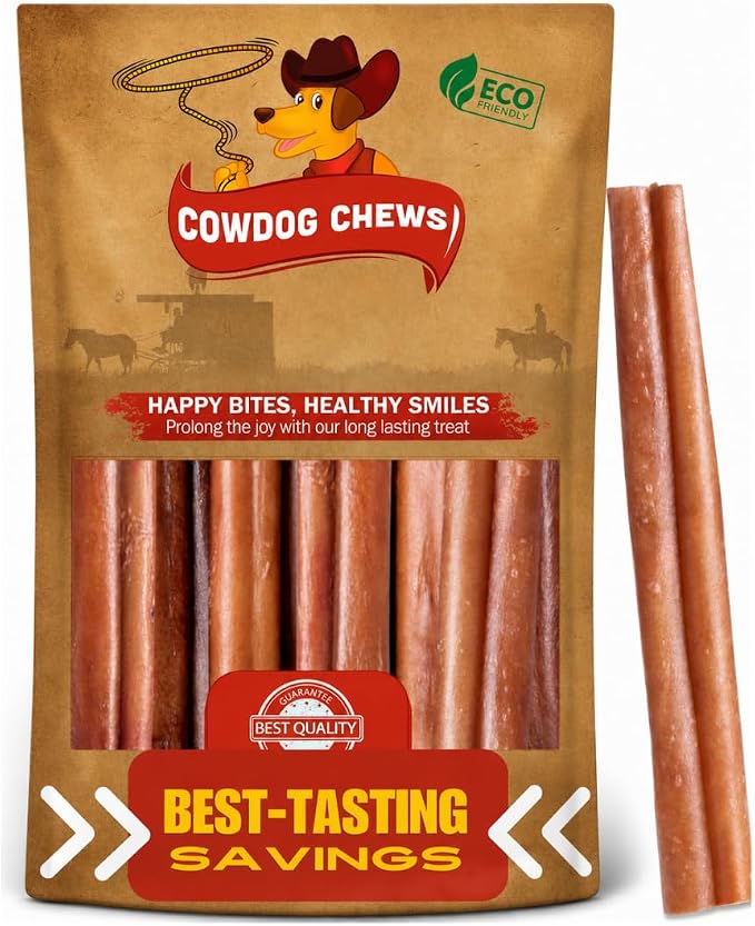 Cowdog Chews Beef Bully Stick: Odor-Free, Fully Digestible Beef Collagen Chews (5-7", 5 Count) - Natural, Grain-Free, Long-Lasting Collagen Bully Stick Substitute for All Dog Breeds