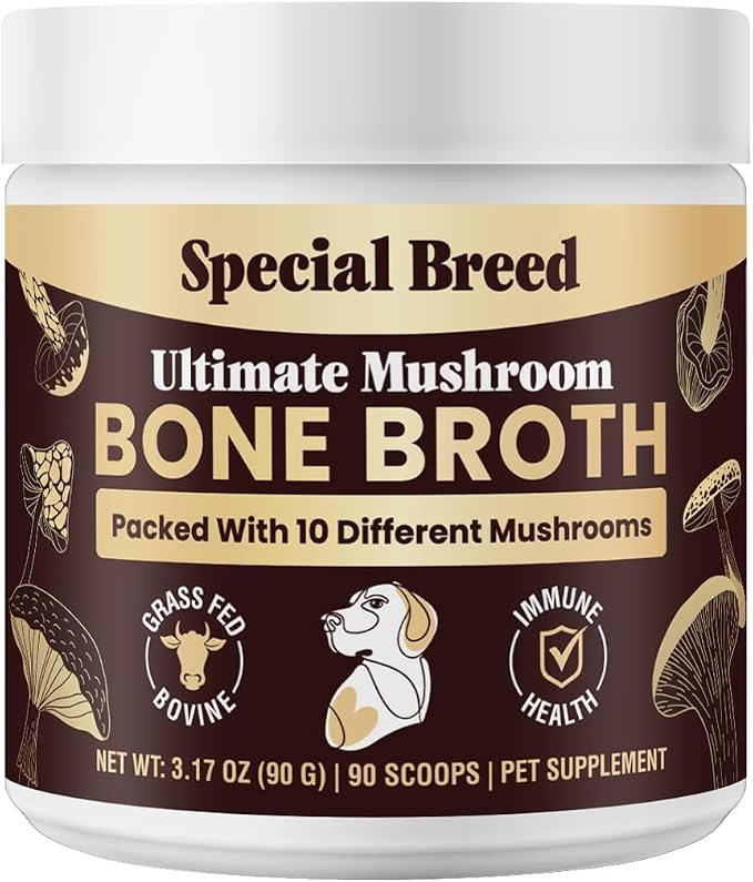 Beef Bone Broth for Dogs - High Protein Powder with Ten Organic Mushrooms & Collagen - Immune, Joint, Digestion & Cognitive Support - Tasty Dog Food Topper - Natural Hydration Booster