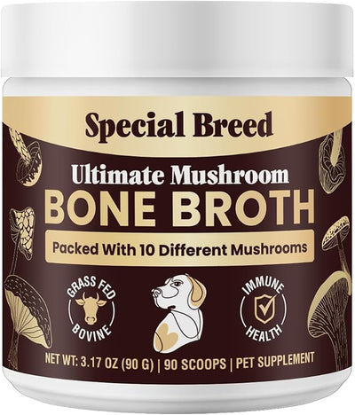 Beef Bone Broth for Dogs - High Protein Powder with Ten Organic Mushrooms & Collagen - Immune, Joint, Digestion & Cognitive Support - Tasty Dog Food Topper - Natural Hydration Booster