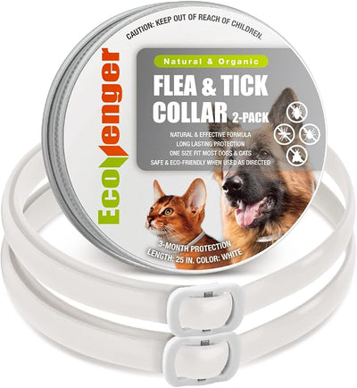EcoVenger Flea Collars for Dogs & Cats - Flea & Tick Repellent 2-Pack White. Built-in Pant-Based Formula Strong Repellency Slow Release, Lasting Protection, Pleasant Aroma, Waterproof