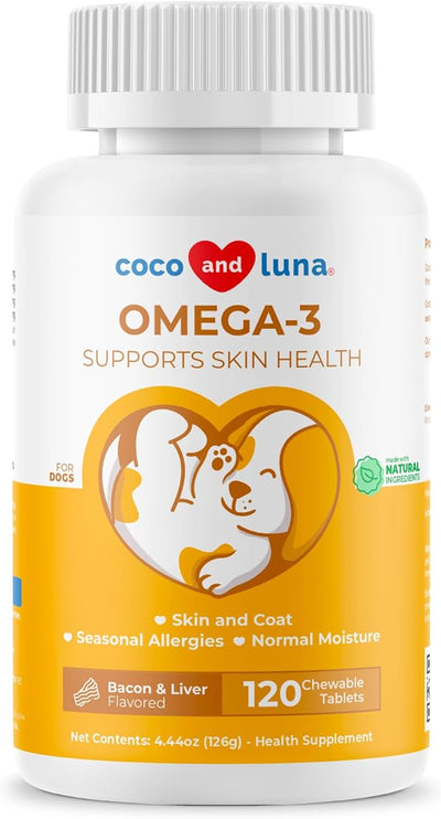 Omega 3 Fish Oil for Dogs 120 Tablets - Skin, Coat & Joint Support | Omega 3, 6 & 9 with Vitamin E. Supports skin & coat health, reduces shedding & dry skin. Promotes joint & heart function.