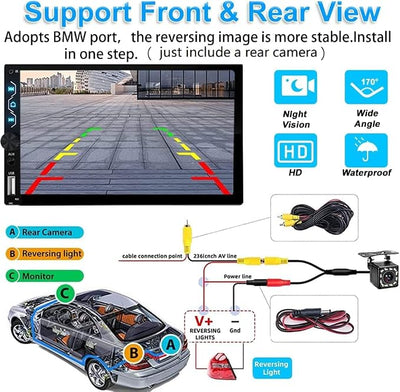 Double Din Car Stereo with Wireless Carplay and Wireless Android Auto,7 Inch Full HD Touchscreen Car Stereo Receivers Support Mirror Link,Bluetooth, Backup Camera,Steering Wheel,FM/USB/AUX/Subwoofer