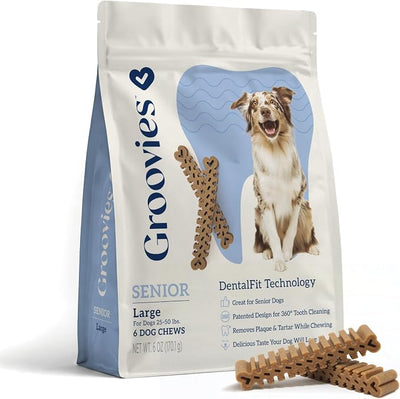 Groovies Senior & Gentle Chewers Dog Dental Treats, Flexible Texture, Patented Technology to Help Control Tartar & Freshen Breath, Large Dog Chews (25-50 lbs), USA Manufactured Oral Care, 6 Count
