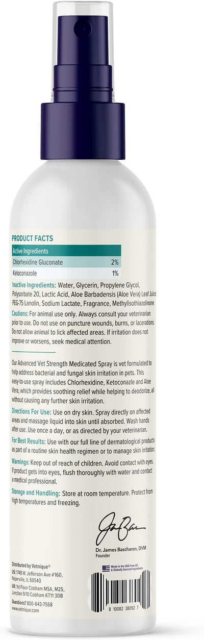 Vetnique Dermabliss Chlorhexidine Spray for Dogs and Cats with Ketoconazole, Antibacterial Antifungal for Hot Spots and Yeast, Alcohol-Free No-Sting Itch Relief, 8oz