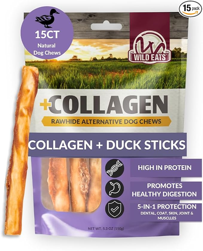 Wild Eats Real Duck Collagen Retriever Bully Sticks for Dogs, (15 Count), Long Lasting Dog Chews, No Hide Dog Treat Bully Stick Alternative, Rawhide Free, Low Fat, High Protein, Grain Free