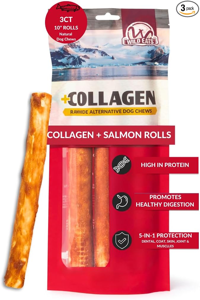 Wild Eats Salmon Flavor Collagen Retriever Style Cheek Roll 10" Dog Chews-3 Pack (Long Lasting Dog Chews Treats & Bones for Medium Dogs) Substitute for Pig Ears for Dogs