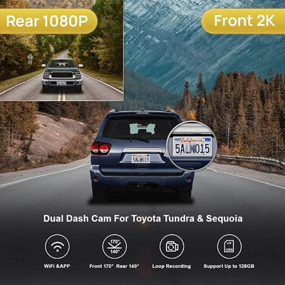 Fitcamx 2K Front Rear Dash Cam Suitable for Toyota Tundra 2017 2018 2019 2020 2021 & Sequoia 2017-2022 Limited SR5 Crewmax TRD, OEM Style, Dual 1440P+1080P Video, G-Sensor Loop Recording WiFi, 64GB