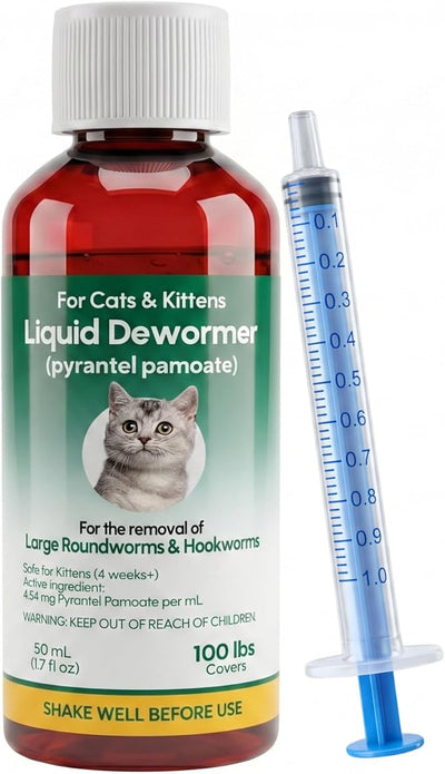 Liquid Dewormer for Cats & Kittens, Pyrantel Pamoate Oral Suspension, Removes Roundworm, Hookworm Broad Spectrum, with 1ml Dosing Syringe (50ml)