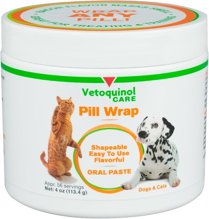 Vetoquinol Pill Wrap Treats for Dogs & Cats – 4oz, 56 servings – Hides Any Size, Shaped Pill – Moist, Flavorful & Shapeable Pill Pocket Paste – Easy-to-Swallow Masking Pill Pouch for Training & Treats