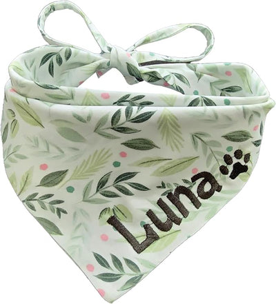 Embroidered Summer Triangle Bandana, Green Leaves Pattern, Medium