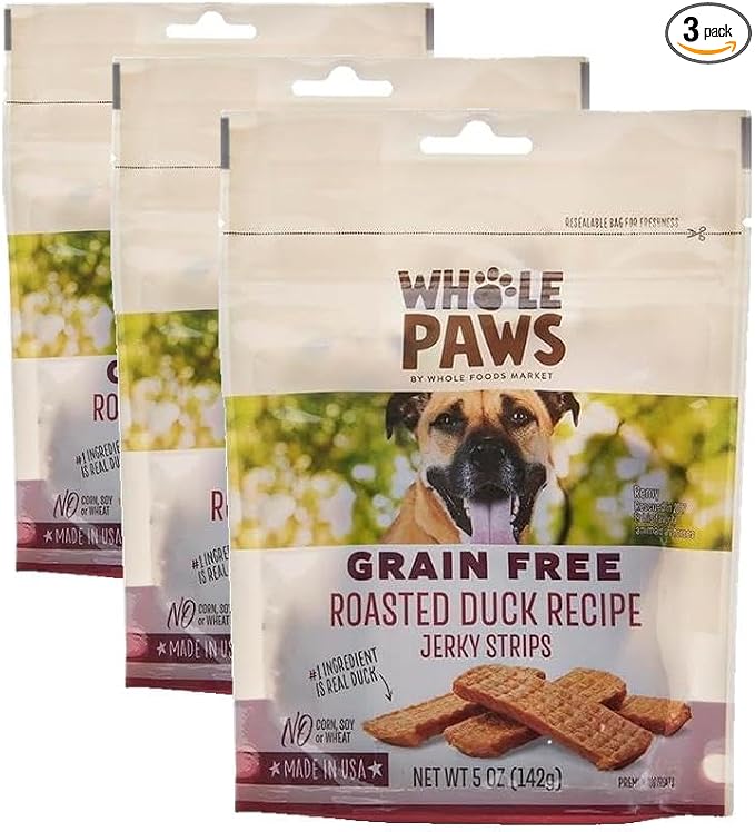 Whole Paws, Grain-Free Jerky Dog Treats, Roasted Duck Recipe, 5 Ounce (Pack of 3)