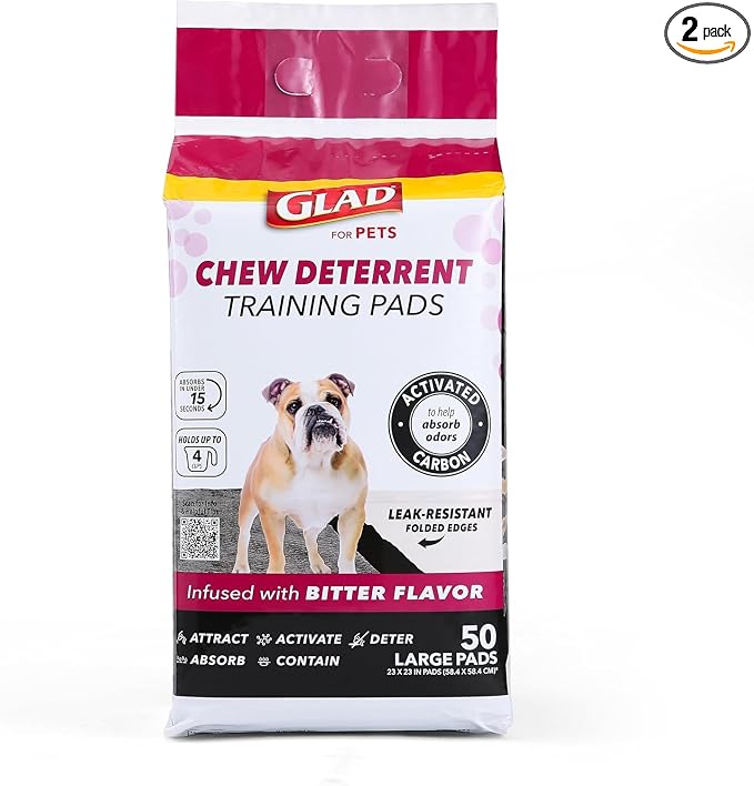 Glad for Pets Activated Carbon Puppy Training Pads with Chew Deterrent and Attractant, Odor Control, 23 x 23 Inch Disposable Dog Pee Pads, 6-Layer Leak-Resistant Potty Pads, 50 Count - 2 Pack