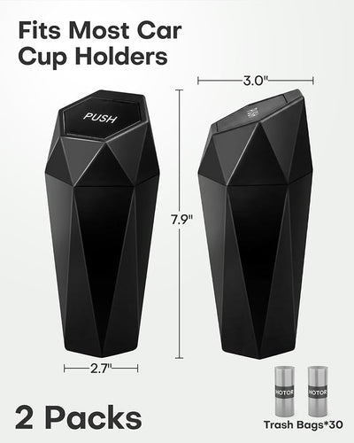 HOTOR Car Trash Can with Lid - 2 Pack, Car Accessories for Interior, Leakproof Vehicle Garbage Can with 30 Attached Trash Bags, Multipurpose Organizers and Storage for Home, Office, Black