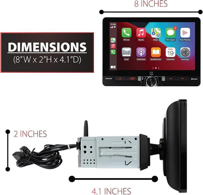 Dual Electronics DCPA81W 8" Wireless CarPlay Android Auto Single/Double DIN | Fits single or double DIN, 8-inch touchscreen, certified wireless CarPlay, front & rear camera inputs, Bluetooth,USB charging