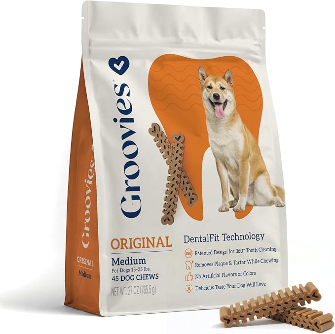 Groovies Dog Dental Treats, Flexible Yet Effective, Patented DentalFit Technology to Help Control Tartar & Freshen Breath, Medium Dog Chews (15-25 lbs), USA Manufactured Oral Care, 45 Count