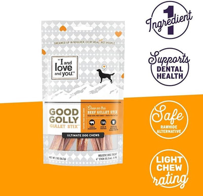 "I and love and you" Good Golly Beef Gullet Sticks - Grain Free Dog Chews, 100% Beef Treats for Dental Health, Free Range & Grass Fed Beef, 5 Pack of 6-Inch Sticks
