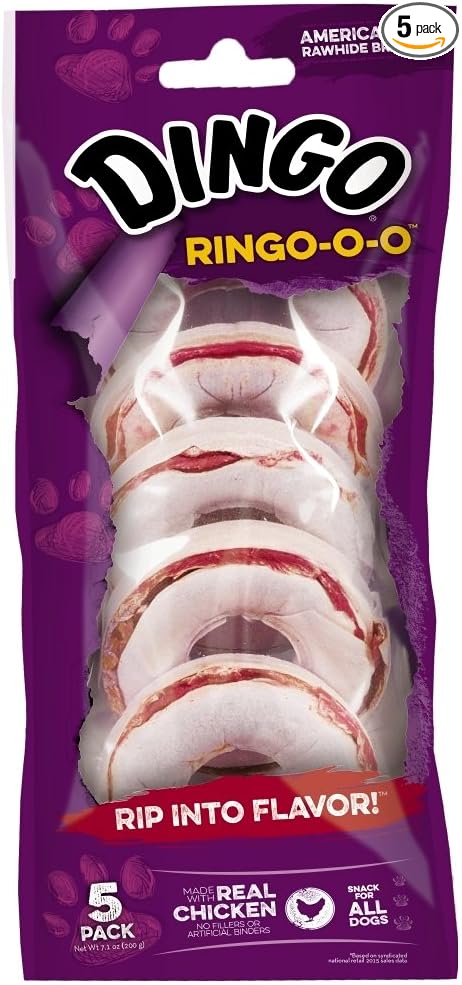 Dingo Ringo-o-o, Premium Rawhide Treats with Real Meat for Small, Medium, and Large Dogs 5-Count