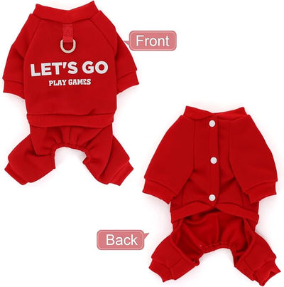 Warm Dog Winter Coat with Built-in Leash Ring, Fleece 4-Legged Sweatshirt Jumpsuit, Cute Let's Go Print Puppy Clothes for Small Dogs Boy Girl, Cold Weather Outfit