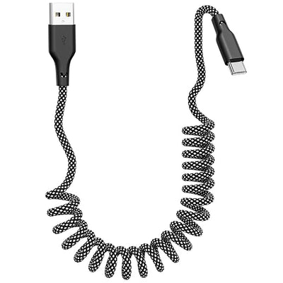 Coiled Carplay Car Charger Fast Charging, [1-Pack, 3ft] Retractable Braid USB A to USB C Cable for iPhone 17/17 Air/16/15/Plus/Pro Max/MacBook Pro/Samsung Galaxy S10/Android Devices, USB C Cord, Grey