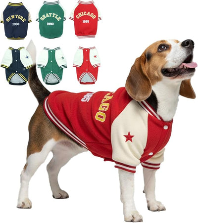X-Large Dog Winter Fleece Jacket – Stylish Varsity Doggy Coat with Snap Closure & Thick Lining, Pet Outfit Clothes for Large Dogs, Puppy Sport Jackets, Fashion Pup Baseball Uniforms, Red XL