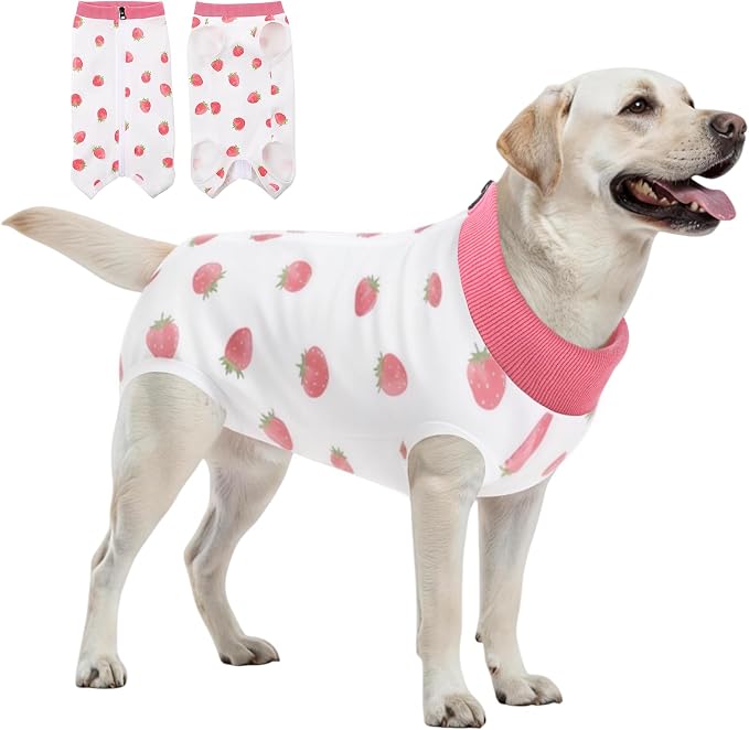 SAWMONG Recovery Suit for Dogs Female Male Zipper, Pink Strawberry Dog Onesie Body Suit After Surgery Spay Neuter, Cotton Breathable Dog Surgical Suit Pet, Substitute Dog E-Collar Cone, XL