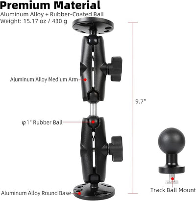 AMPS Round Plate Drill Base for Fish Finder, T-Bolt Track Mount with Aluminum Long Arm Extension for Garmin Striker 4 / Plus 4 / Vivid 4cv, Compatible with RAM Mounts/GPS Chartplotter Holder/Boat
