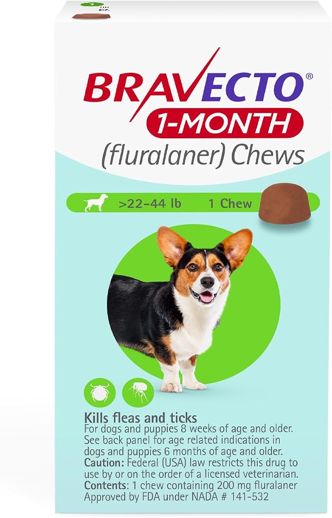 BRAVECTO 1-Month Chews for Puppies,>22-44 lbs., 1 Chew, Green Box | Flea Treatment, Flea Prevention, Tick Treatment, Tick Control, 1 Chew, 1 Month Supply, Dogs, Puppies