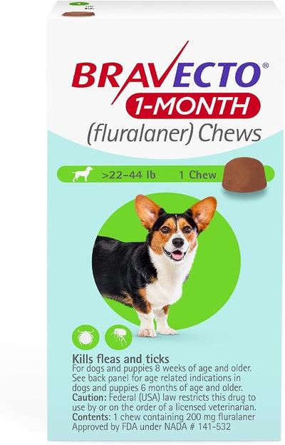 BRAVECTO 1-Month Chews for Puppies,>22-44 lbs., 1 Chew, Green Box | Flea Treatment, Flea Prevention, Tick Treatment, Tick Control, 1 Chew, 1 Month Supply, Dogs, Puppies
